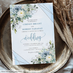 Modern Boho Dusty Blue Silver Roses Wedding Invite