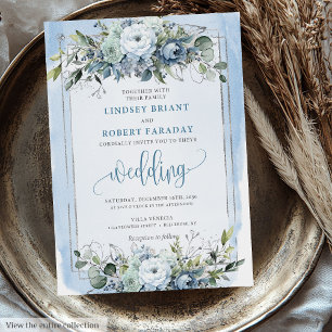 Modern Boho Dusty Blue White Silver Roses Wedding  Invitation