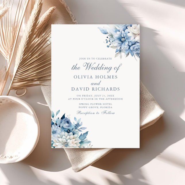 Modern Boho Dusty Blue Wildflowers Wedding Invitation (Modern Boho Dusty Blue Wildflowers Wedding Invitation on a sunny neutral boho table.
)