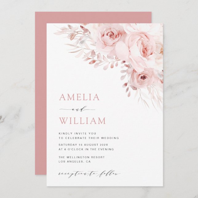 modern boho dusty rose wedding invitation (Front/Back)