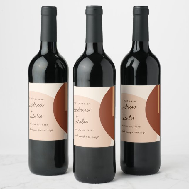 Modern Boho Earth-toned Abstract Circles Wedding Wine Label (Bottles)