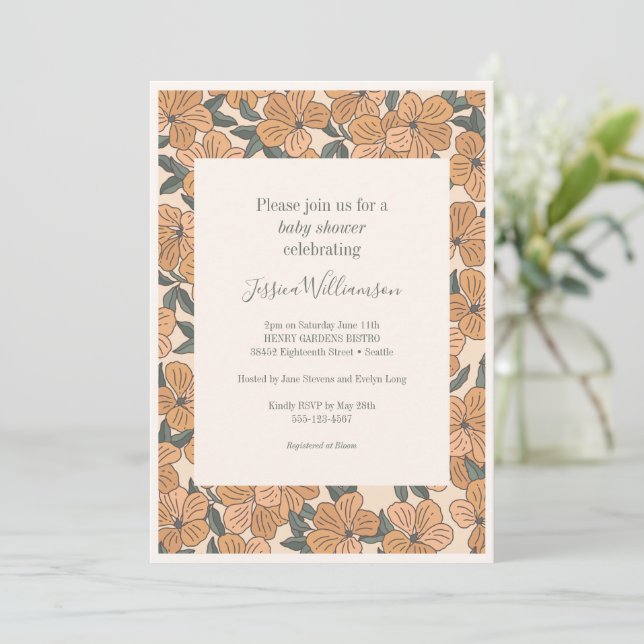Modern Boho Earthy Ochre Floral Baby Shower Invitation (Standing Front)
