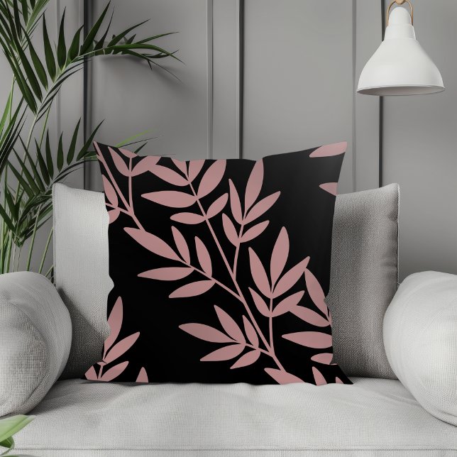 Modern Boho Elegant Mauve Leaf Pattern Black Cushion (Creator Uploaded)
