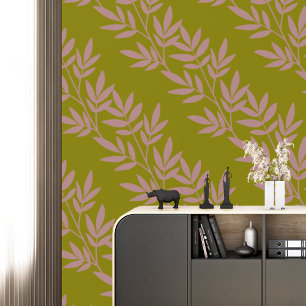 Modern Boho Elegant Mauve Leaf Pattern Olive Wallpaper