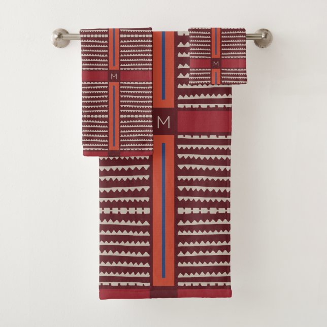 Modern Boho Ethnic Geometric Multi Burgundy Bath Towel Set (Insitu)