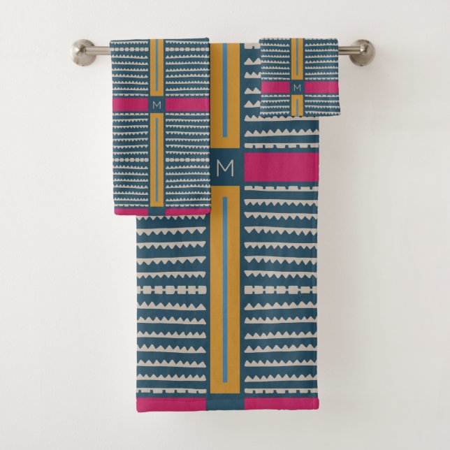 Modern Boho Ethnic Geometric Multi Teal Bath Towel Set (Insitu)