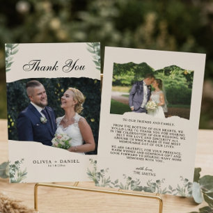 Modern Boho Eucalyptus Leaves with Photo Wedding Thank You Card