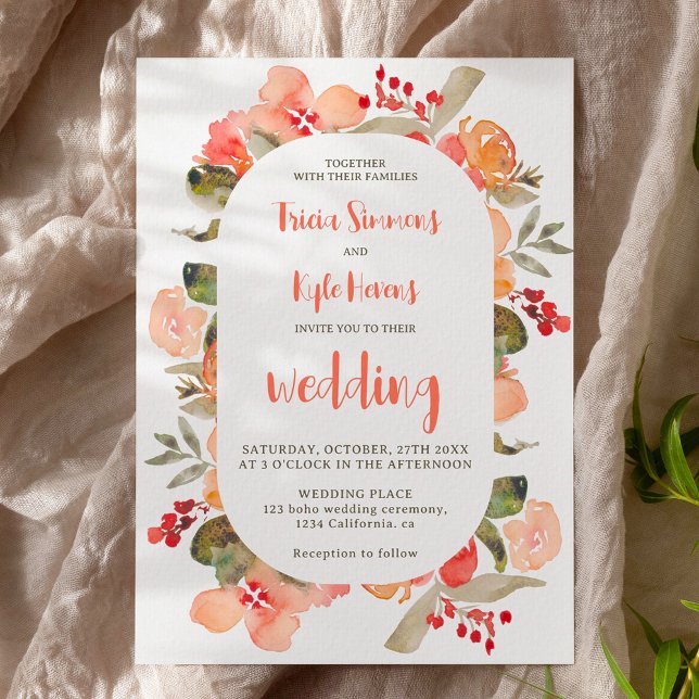 Modern Boho fall terracotta floral script wedding Invitation (Modern Boho fall terracotta floral script wedding Invitation)