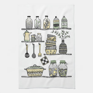 Modern Boho Farmhouse Kitchen Shelf Illustration  Tea Towel