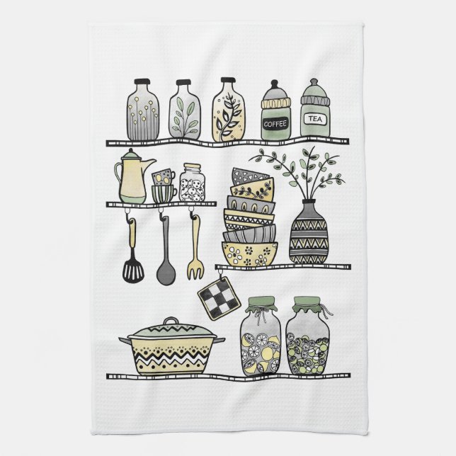 Modern Boho Farmhouse Kitchen Shelf Illustration  Tea Towel (Vertical)