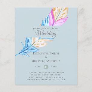Modern Boho Feather Colourful Budget Wedding Invit