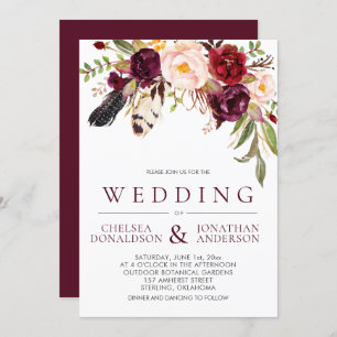 Modern Boho Feathers Marsala Floral Wedding Invitation