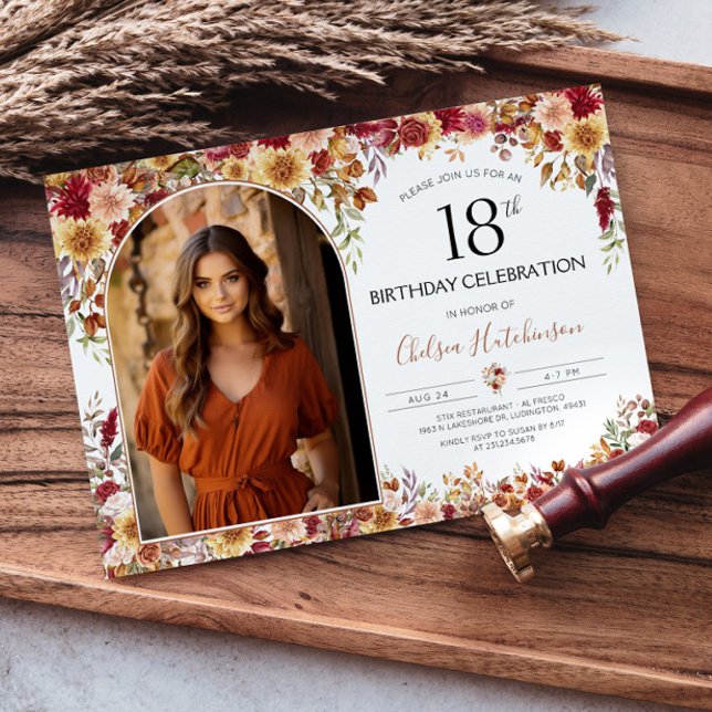 Modern Boho Floral 18th Birthday Party Photo Invitation (Creator Uploaded)