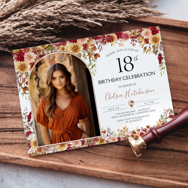 Modern Boho Floral 21st Birthday Dinner Photo Invitation (Discover the enchantment of the "Modern Boho Terra Cotta Arch Floral" Collection)
