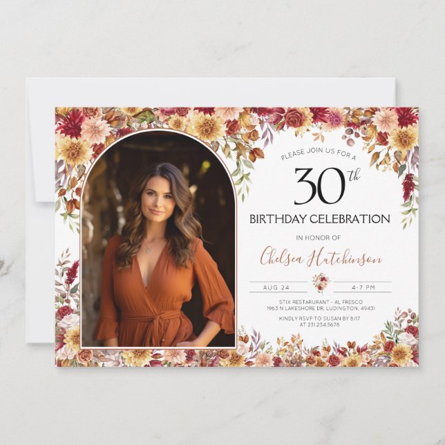 Modern Boho Floral 30th Birthday Party Photo Invitation (Front)