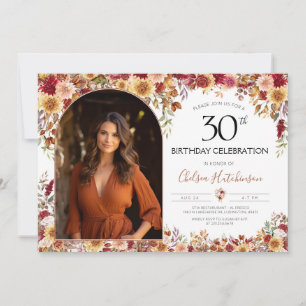 Modern Boho Floral 30th Birthday Party Photo Invitation