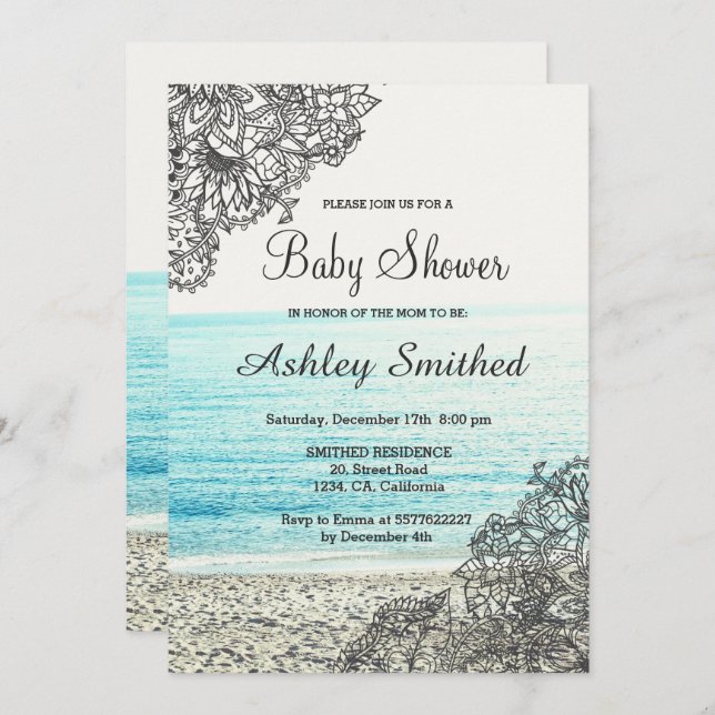Modern boho floral beach photography baby shower invitation (Front/Back)