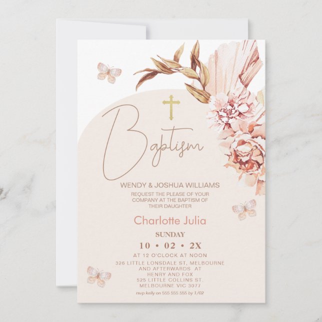 Modern Boho Floral Blush Arch Baptism Invitation (Front)