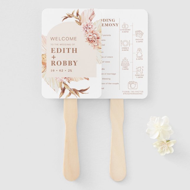 Modern Boho Floral Blush Arch Wedding Set of Fans (Front and Back)