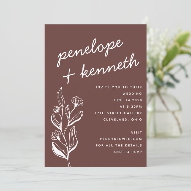 Modern Boho Floral Earthy Fall Brown Wedding Invitation (Standing Front)