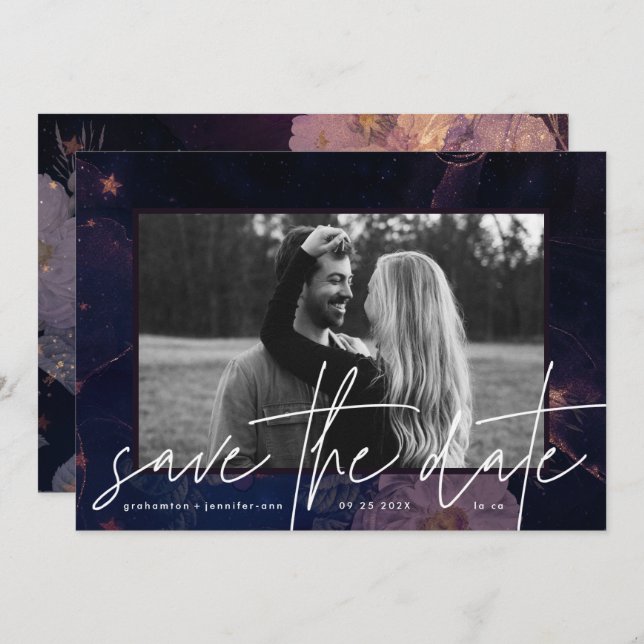 Modern Boho Floral Fantasy Dark Fall Purple Save The Date (Front/Back)