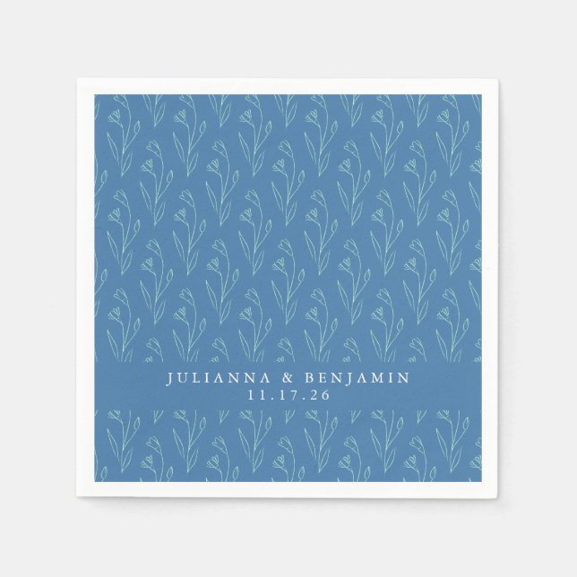 Modern Boho Floral Line Art Blue Custom Wedding Napkin (Front)