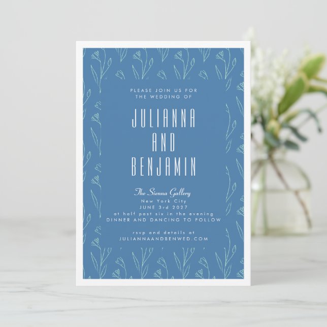 Modern Boho Floral Line Art Drawing Blue Wedding Invitation (Standing Front)