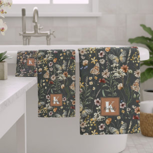 Modern Boho Floral Monogram Name Bath Towel Set