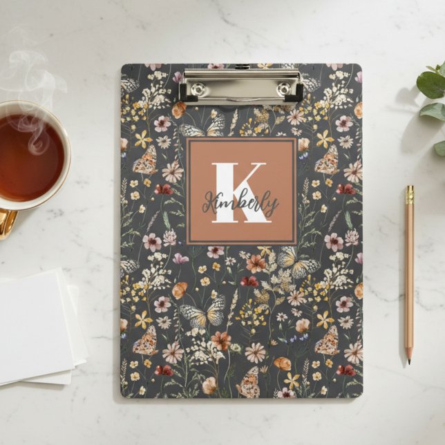 Modern Boho Floral Monogram Name Clipboard (Creator Uploaded)