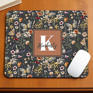 Modern Boho Floral Monogram Name Mouse Pad