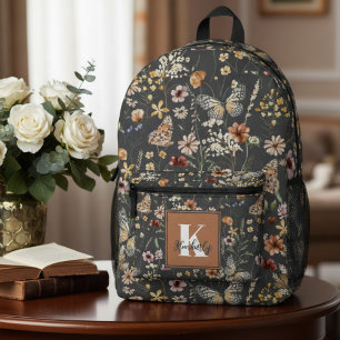 Modern Boho Floral Monogram Name Printed Backpack