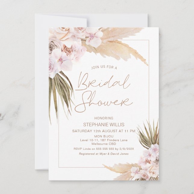 Modern Boho Floral Pampas Frame Bridal Shower Invitation (Front)