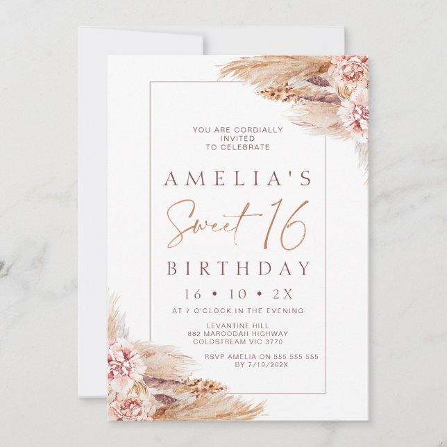 Modern Boho Floral Pampas Grass 16th Birthday Invi Invitation (Front)