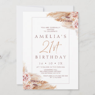 Modern Boho Floral Pampas Grass 21st Birthday Invitation