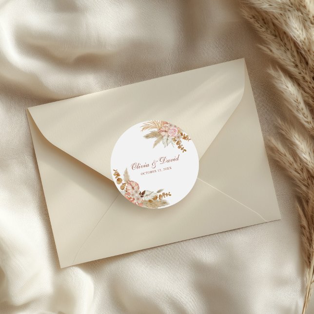 Modern Boho Floral Pampas Grass Wedding  Classic Round Sticker (Modern Boho Floral Pampas Grass Wedding Classic Round Sticker on a wedding envelope)
