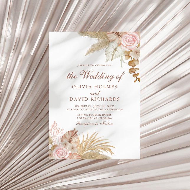 Modern Boho Floral Pampas Grass Wedding Invitation (Modern Boho Floral Pampas Grass Wedding Invitation on a sunny neutral dry palm leaf.)