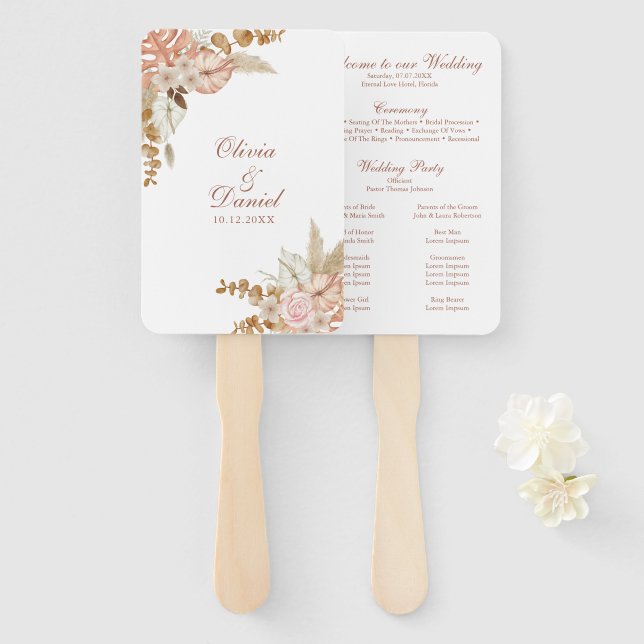 Modern Boho Floral Pampas Grass Wedding Program Hand Fan (Front and Back)