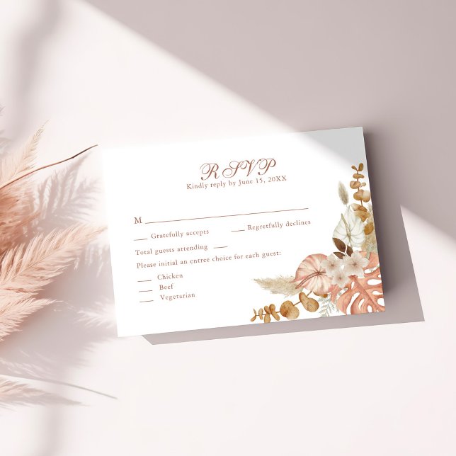 Modern Boho Floral Pampas Grass Wedding RSVP Card (Modern Boho Floral Pampas Grass Wedding RSVP Card on a white table.)