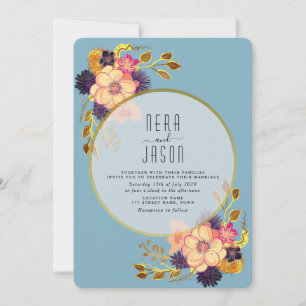 Modern Boho Floral Peach and Blue Wedding Invitation