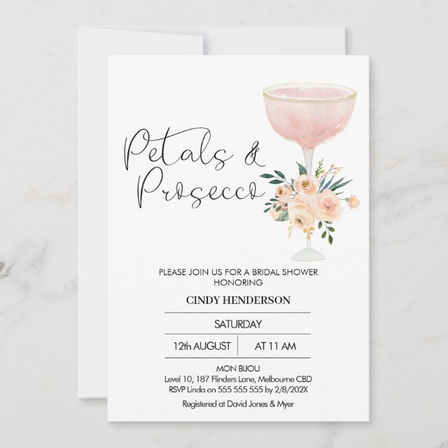 Modern Boho Floral Petals Prosecco Bridal Shower Invitation (Front)