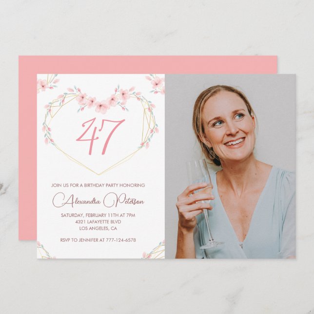 Modern Boho Floral Photo 47th birthday invitation (Front/Back)