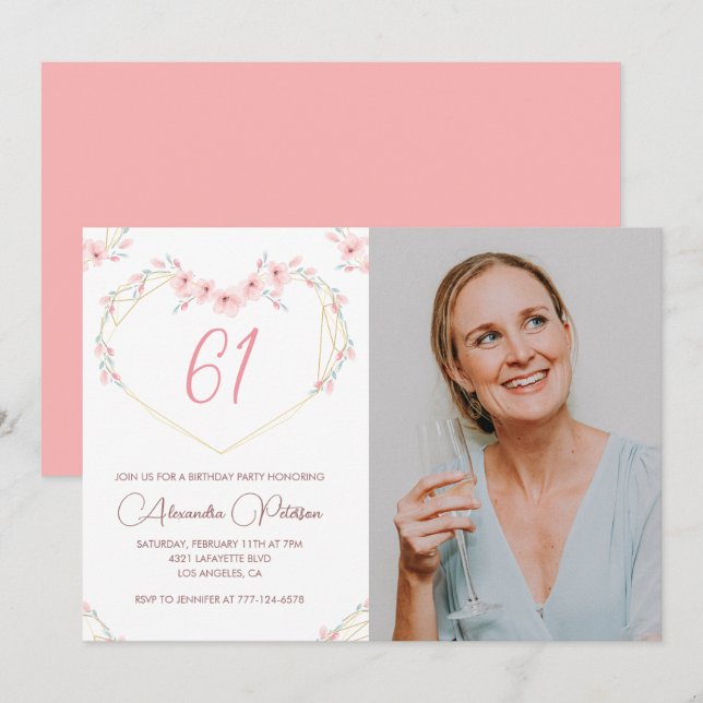 Modern Boho Floral Photo 61st birthday invitation (Front/Back)
