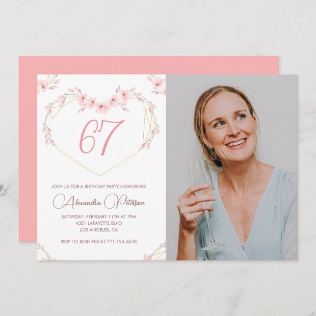 Modern Boho Floral Photo 67th birthday invitation (Front/Back)