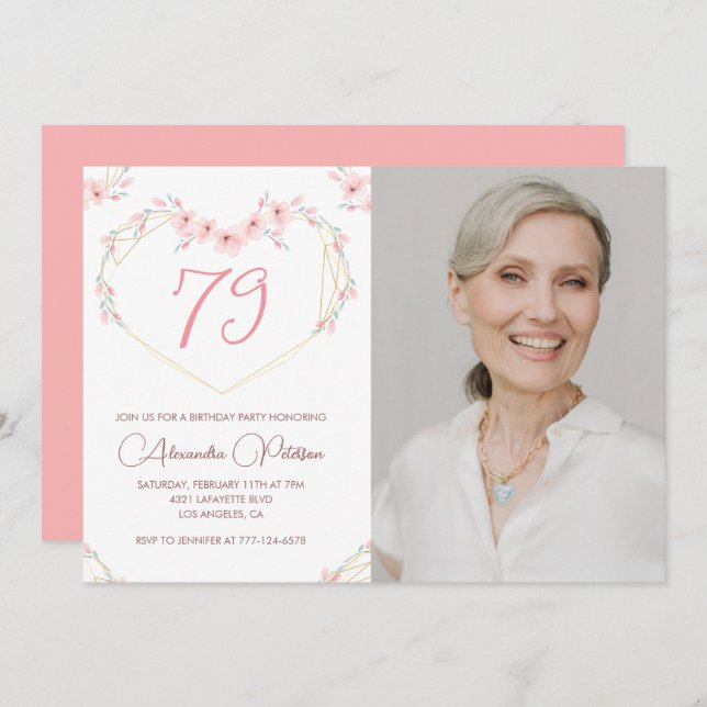 Modern Boho Floral Photo 79th birthday invitation (Front/Back)