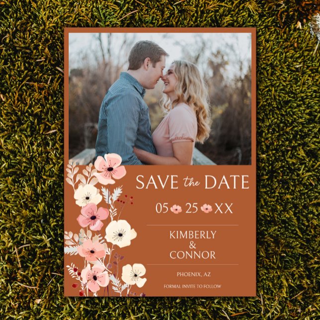 Modern Boho Floral Photo | Burnt Orange Save The Date (Burnt Orange Modern Boho Floral Photo Save the Date)
