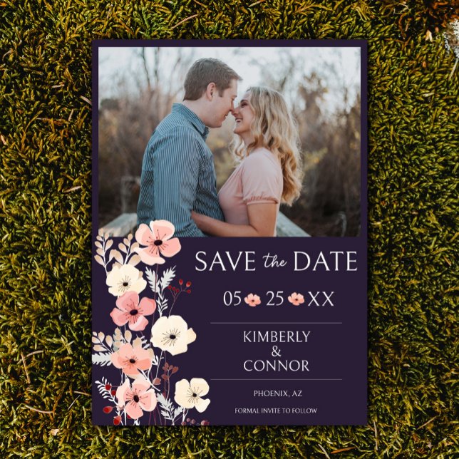 Modern Boho Floral Photo | Purple Save The Date (Purple Modern Boho Floral Photo Save the Date)