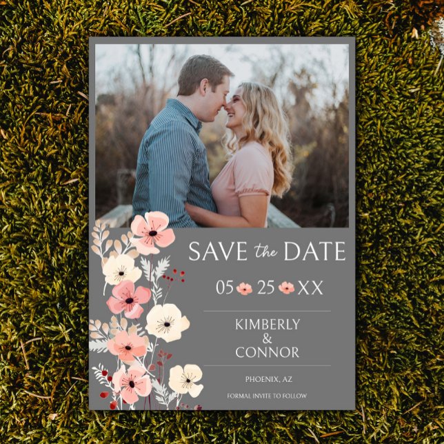 Modern Boho Floral Photo Save the Date | Grey (Gray Modern Boho Floral Photo Save the Date)