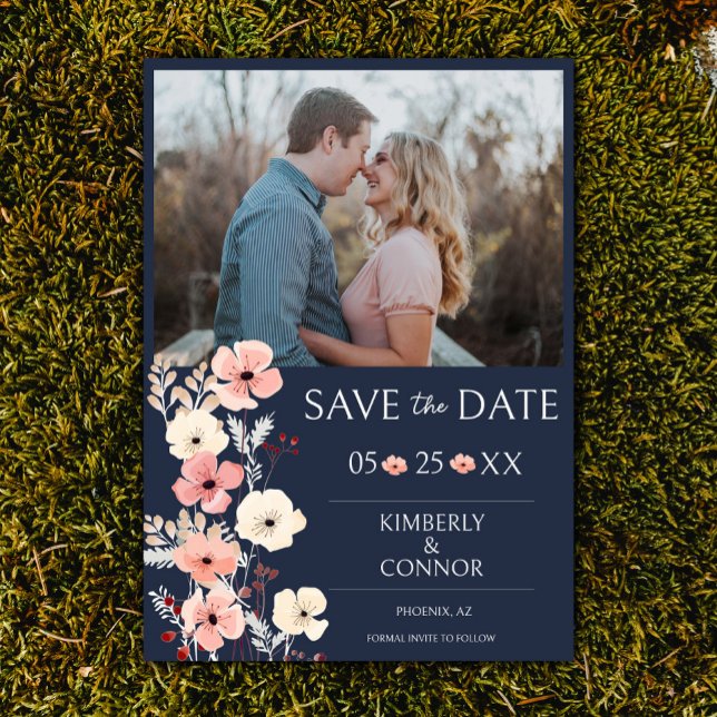 Modern Boho Floral Photo Save the Date | Navy Blue (Navy Modern Boho Floral Photo Save the Date)