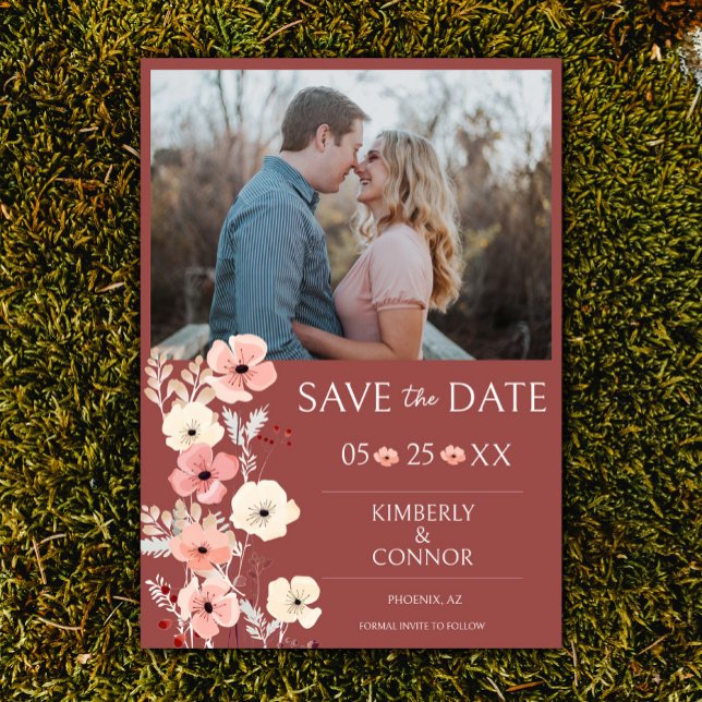 Modern Boho Floral Photo | Terracotta Save The Date (Terracotta Modern Boho Floral Photo Save the Date)