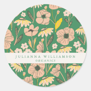 Modern Boho Floral Pink Green Colourful Business Classic Round Sticker